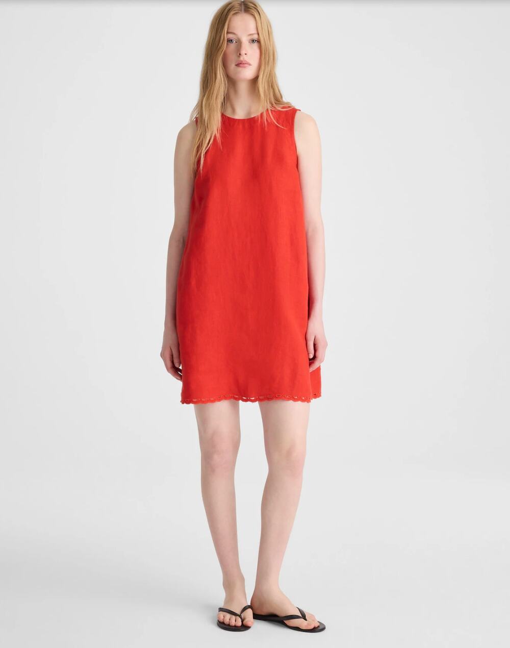 Madewell Mini Shift Dress in 100% Linen A Line Embroidered Hem Wild Poppy M
